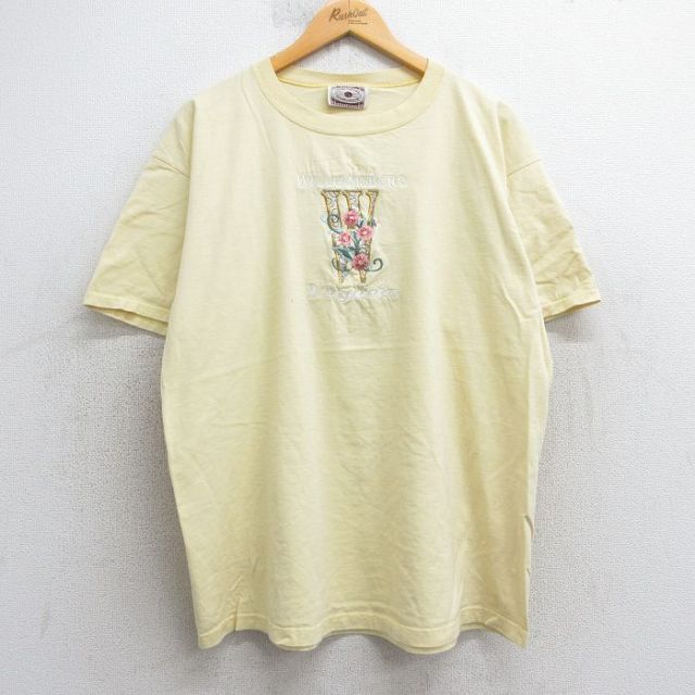 XL★古着 半袖 ビンテージ Tシャツ メンズ 90年代 90s 花 ウィリアムズバーグ 刺繍 コットン クルーネック USA製 薄黄 イエロー 25jul16 中古