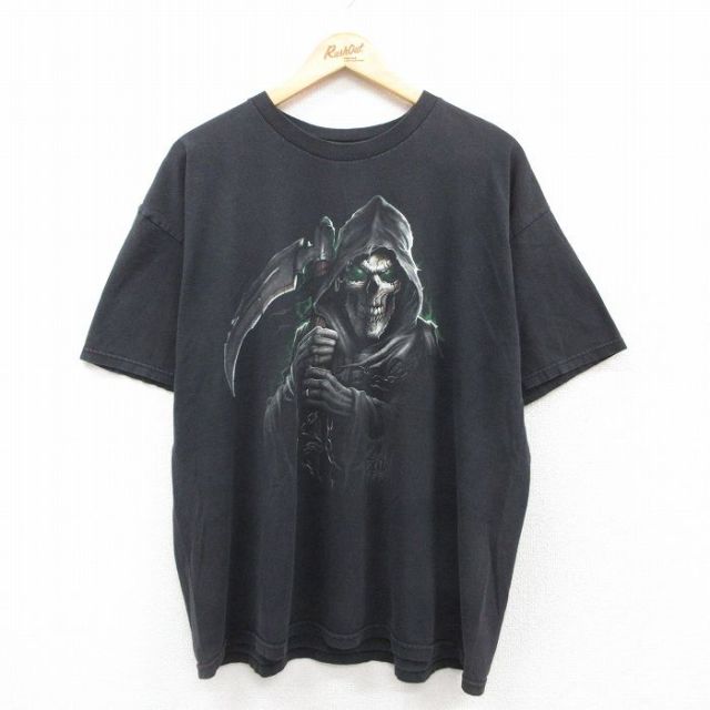【50%OFF】XL★古着 半袖 ビンテージ Tシャツ メンズ 00年代 00s スケルトン 死神 大きいサイズ コットン クルーネック 黒 ブラック 25jul17 中古