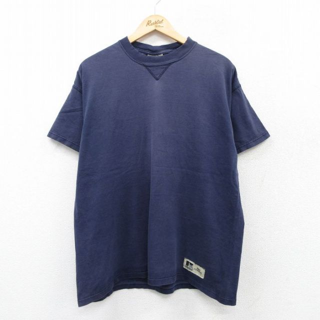 XL★古着 ラッセル 半袖 ビンテージ Tシャツ メンズ 90年代 90s 無地 コットン クルーネック USA製 紺 ネイビー 25jul18 中古