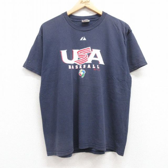 【50%OFF】L★古着 マジェスティック 半袖 ビンテージ Tシャツ メンズ 00年代 00s WB メジャーリーグ ベースボール 野球C USAベースボール ジェイソンバリテック 33 コットン クルーネック 紺 ネイビー 25jul18 中古