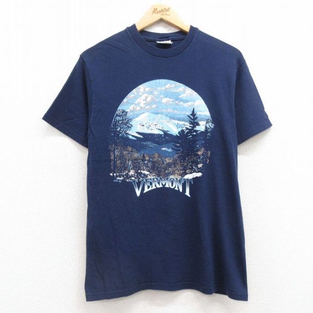 【50%OFF】M★古着 ヘインズ Hanes 半袖 ビンテージ Tシャツ メンズ 80年代 80s バーモント コットン クルーネック USA製 紺 ネイビー 25jul18 中古