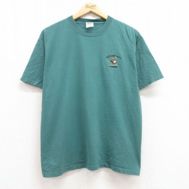 L★古着 半袖 ビンテージ Tシャツ メンズ 00年代 00s シカ コットン クルーネック 緑 グリーン 25jul24 中古