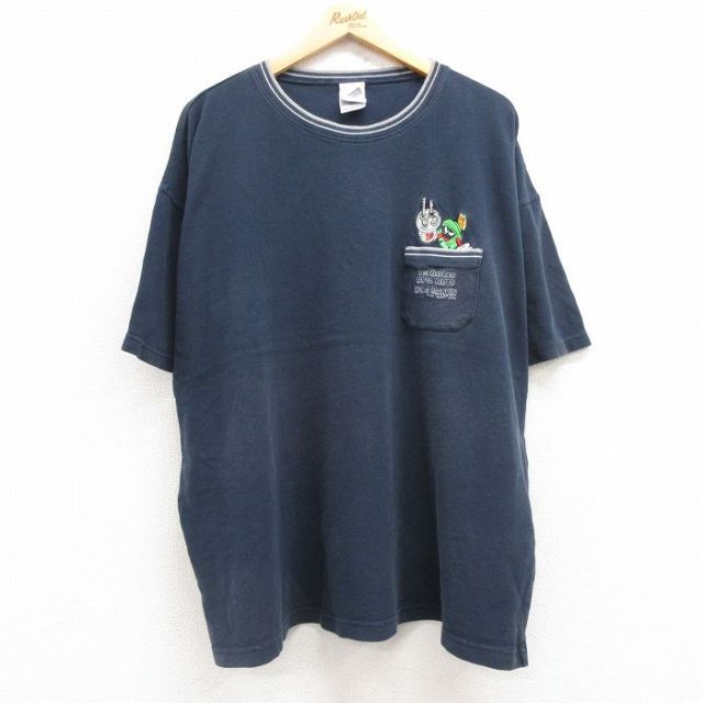 XL★古着 半袖 ビンテージ Tシャツ メンズ 90年代 90s ルーニーテューンズ LOONEY TUNES マービンザマーシャン 鹿の子 胸ポケット付き 大きいサイズ コットン クルーネック 紺 ネイビー 【spe】 25jul24 中古