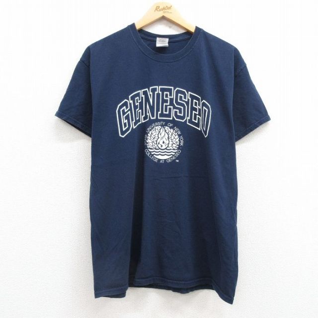 L★古着 半袖 ビンテージ Tシャツ メンズ 00年代 00s ニューヨーク ジェネセロ カレッジ コットン クルーネック 紺 ネイビー 25jul24 中古