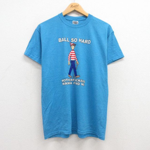 M★古着 半袖 ビンテージ Tシャツ メンズ 00年代 00s ウォーリーをさがせ! クルーネック 水色 霜降り 25jul24 中古