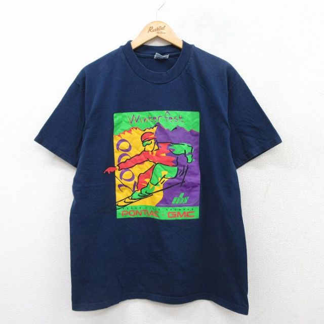 L★古着 ヘインズ Hanes 半袖 ビンテージ Tシャツ メンズ 00年代 00s スキー コットン クルーネック 紺 ネイビー 25jul24 中古