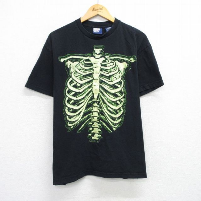 XL★古着 半袖 ビンテージ Tシャツ メンズ 00年代 00s 骨 コットン クルーネック 黒 ブラック 25jul24 中古