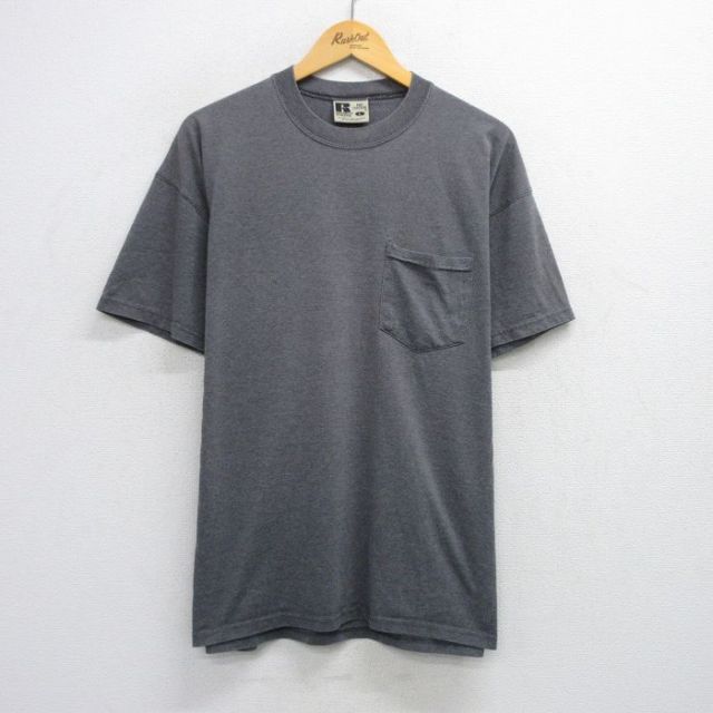XL★古着 ラッセル 半袖 ビンテージ Tシャツ メンズ 00年代 00s 無地 胸ポケット付き 大きいサイズ クルーネック 濃グレー 霜降り 【spe】 25jul24 中古
