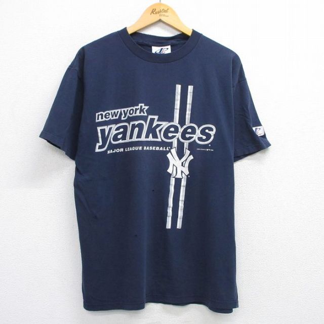 【20%OFF】XL★古着 半袖 ビンテージ Tシャツ メンズ 90年代 90s MLB ニューヨークヤンキース コットン クルーネック 紺 ネイビー メジャーリーグ ベースボール 野球 25jul24 中古