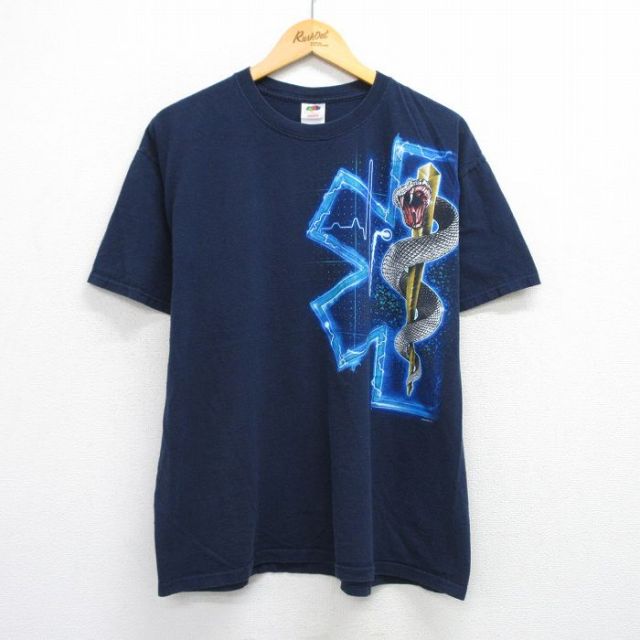 XL★古着 フルーツオブザルーム 半袖 ビンテージ Tシャツ メンズ 00年代 00s ヘビ EMS コットン クルーネック 紺 ネイビー 25jul24 中古