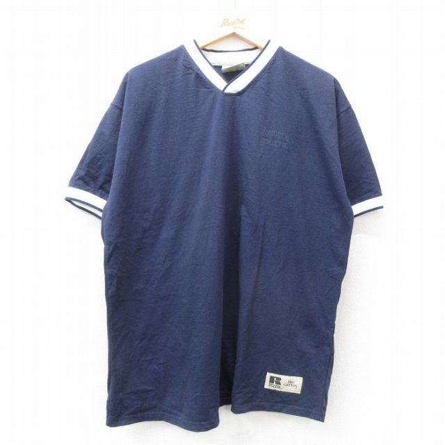 XL★古着 ラッセル 半袖 ビンテージ Tシャツ メンズ 90年代 90s ワンポイントロゴ コットン Vネック USA製 紺 ネイビー 【spe】 25jul19 中古
