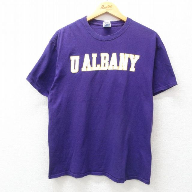 【50%OFF】L★古着 半袖 ビンテージ Tシャツ メンズ 00年代 00s オールバニー 企業広告 コットン クルーネック 紫 パープル 25jul19 中古