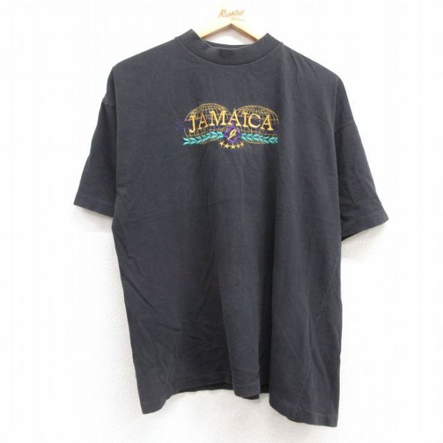 L★古着 半袖 ビンテージ Tシャツ メンズ 90年代 90s ジャマイカ 刺繍 コットン クルーネック 黒 ブラック 25jul19 中古