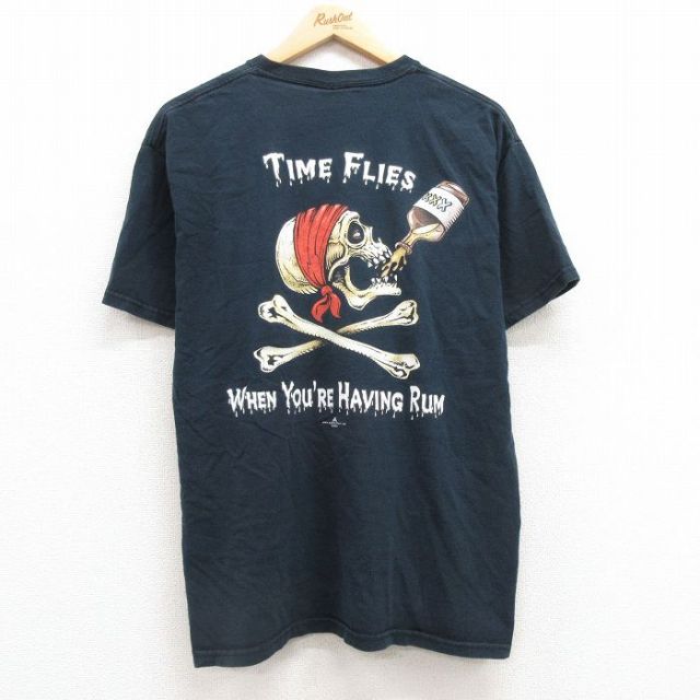 L★古着 半袖 ビンテージ Tシャツ メンズ 00年代 00s スカル コットン クルーネック 黒 ブラック 25jul19 中古