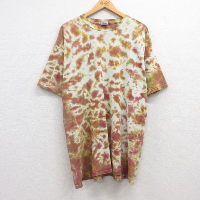 XL★古着 半袖 ビンテージ Tシャツ メンズ 00年代 00s 無地 ロング丈 コットン クルーネック エンジ他 タイダイ 25jul19 中古