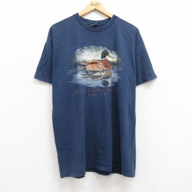 【50%OFF】XL★古着 半袖 ビンテージ Tシャツ メンズ 90年代 90s 鳥 カモ 刺繍 鹿の子 コットン クルーネック USA製 紺 ネイビー 【spe】 25jul19 中古