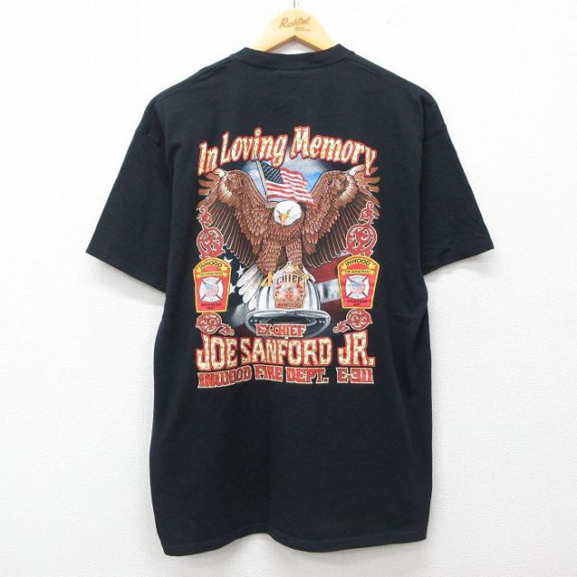 【20%OFF】XL★古着 半袖 ビンテージ Tシャツ メンズ 00年代 00s 消防署 鳥 コットン クルーネック 黒 ブラック 25jul19 中古