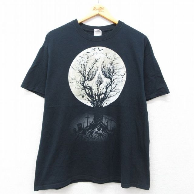 L★古着 半袖 ビンテージ Tシャツ メンズ 00年代 00s 墓 木 月 コットン クルーネック 黒 ブラック 25jul19 中古