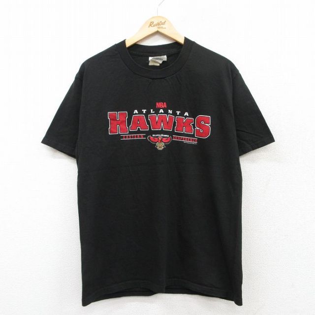 L★古着 半袖 ビンテージ Tシャツ メンズ 00年代 00s NBA アトランタホークス コットン クルーネック 黒 ブラック バスケットボール 25jul22 中古