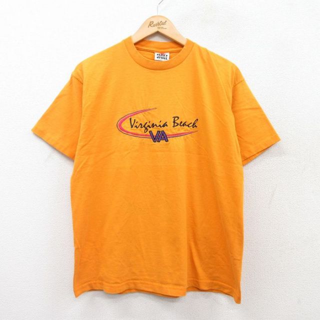 L★古着 半袖 ビンテージ Tシャツ メンズ 90年代 90s バージニアビーチ 刺繍 クルーネック USA製 オレンジ系 【spe】 25jul22 中古