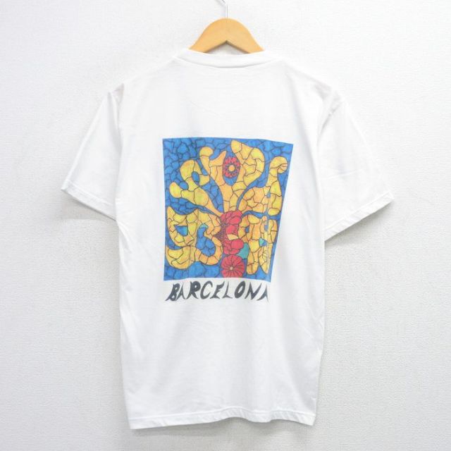 【20%OFF】L★古着 半袖 ビンテージ Tシャツ メンズ 90年代 90s BARCELONA クルーネック 白 ホワイト 25jul23 中古