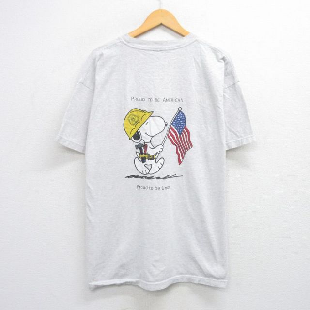 XL★古着 半袖 ビンテージ Tシャツ メンズ 90年代 90s スヌーピー SNOOPY 星条旗 大きいサイズ コットン クルーネック USA製 薄グレー 霜降り 【spe】 25jul23 中古