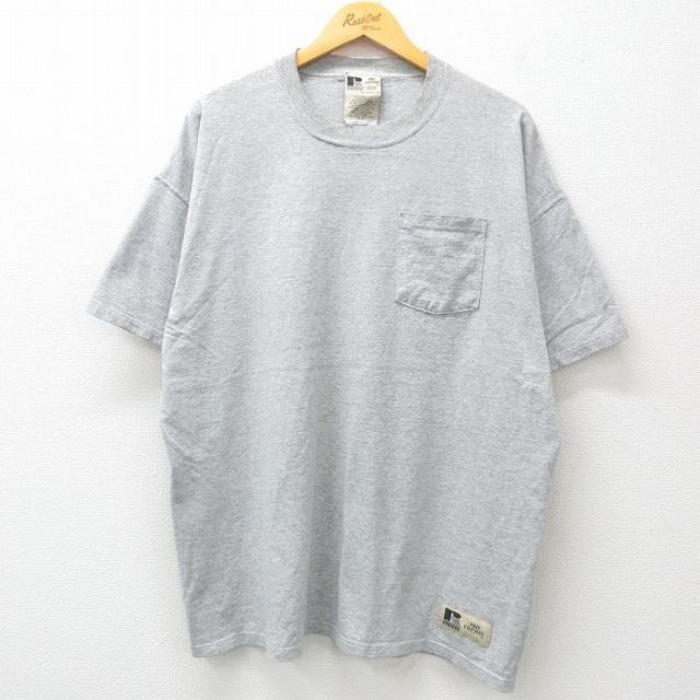 XL★古着 ラッセル 半袖 ビンテージ Tシャツ メンズ 90年代 90s 無地 胸ポケット付き 大きいサイズ クルーネック USA製 グレー 25jul23 中古