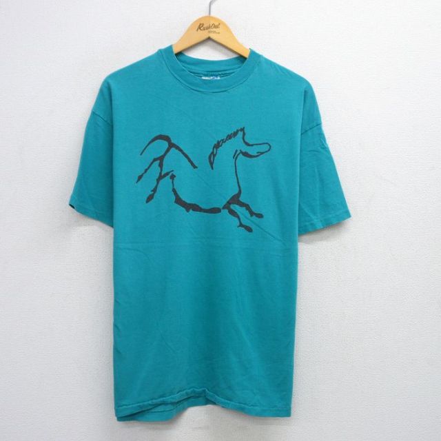 XL★古着 ヘインズ Hanes 半袖 ビンテージ Tシャツ メンズ 90年代 90s 馬 コットン クルーネック USA製 青緑 25jul25 中古