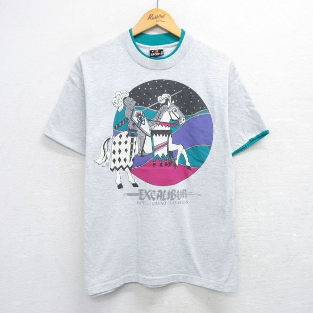 L★古着 SIGNAL 半袖 ビンテージ Tシャツ メンズ 90年代 90s 騎士 馬 コットン クルーネック USA製 薄グレー 霜降り 25jul25 中古