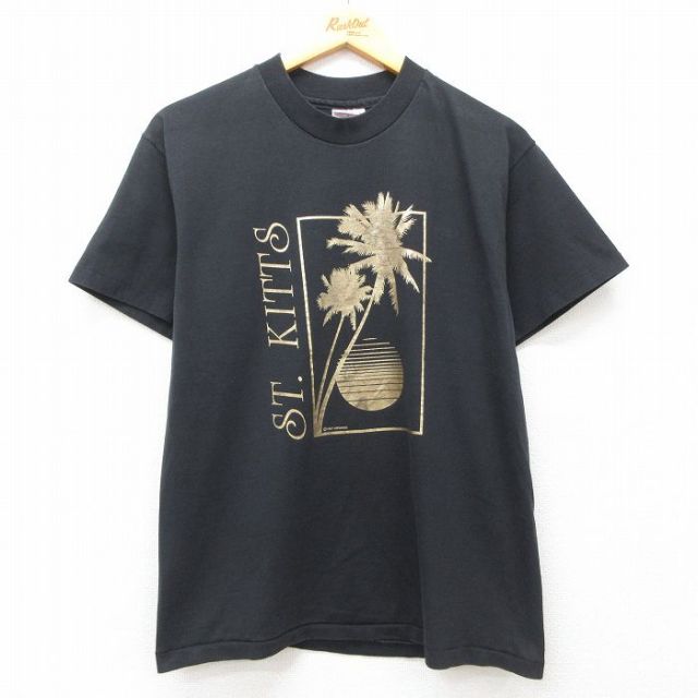 【50%OFF】M★古着 ヘインズ Hanes 半袖 ビンテージ Tシャツ メンズ 80年代 80s ヤシの木 セントキッツ クルーネック 黒 ブラック 25jul25 中古