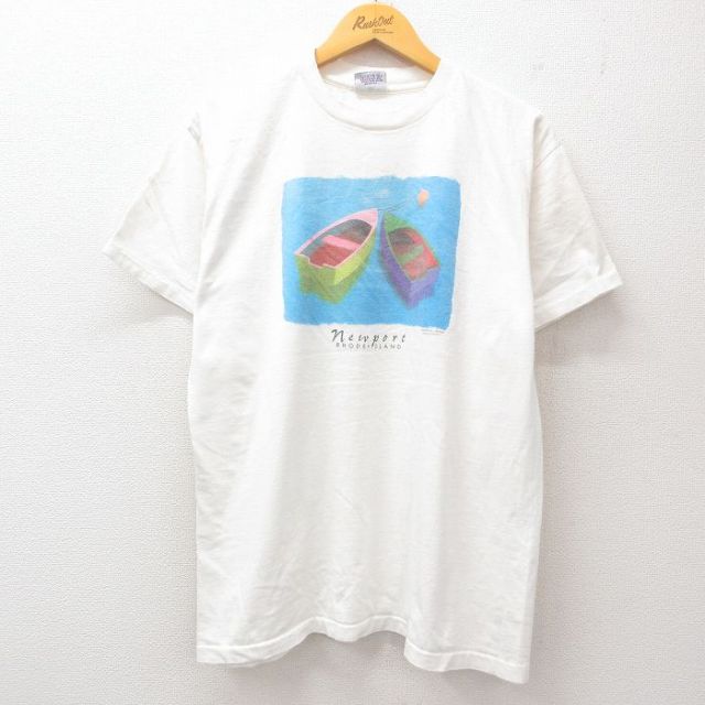 L★古着 半袖 ビンテージ Tシャツ メンズ 90年代 90s ボート コットン クルーネック USA製 白 ホワイト 25jul25 中古