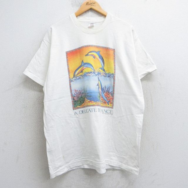 【50%OFF】XL★古着 フルーツオブザルーム 半袖 ビンテージ Tシャツ メンズ 90年代 90s イルカ 大きいサイズ コットン クルーネック USA製 白 ホワイト 25jul25 中古