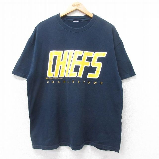 XL★古着 半袖 ビンテージ Tシャツ メンズ 00年代 00s 映画 スラップショット2 CHIEFS クルーネック 紺 ネイビー 25jul25 中古