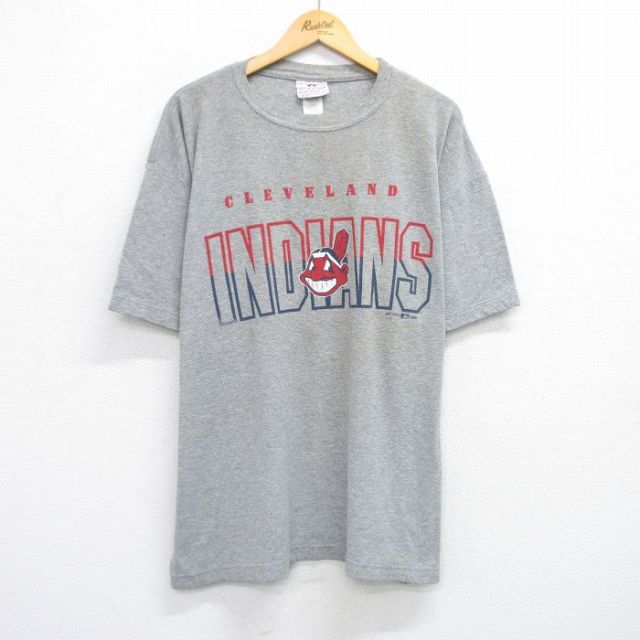 XL★古着 半袖 ビンテージ Tシャツ メンズ 90年代 90s MLB クリーブランドインディアンス メッシュ地 大きいサイズ クルーネック グレー 霜降り メジャーリーグ ベースボール 野球 【spe】 25jul25 中古