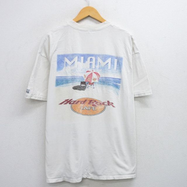 XL★古着 半袖 ビンテージ Tシャツ メンズ 90年代 90s ハードロックカフェ マイアミ 大きいサイズ コットン クルーネック USA製 白 ホワイト 25jul25 中古