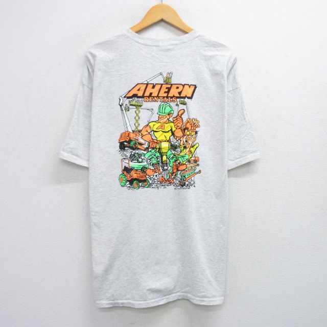 【50%OFF】XL★古着 半袖 ビンテージ Tシャツ メンズ 00年代 00s AHERN トラクター 胸ポケット付き 大きいサイズ クルーネック 薄グレー 霜降り 25jul25 中古