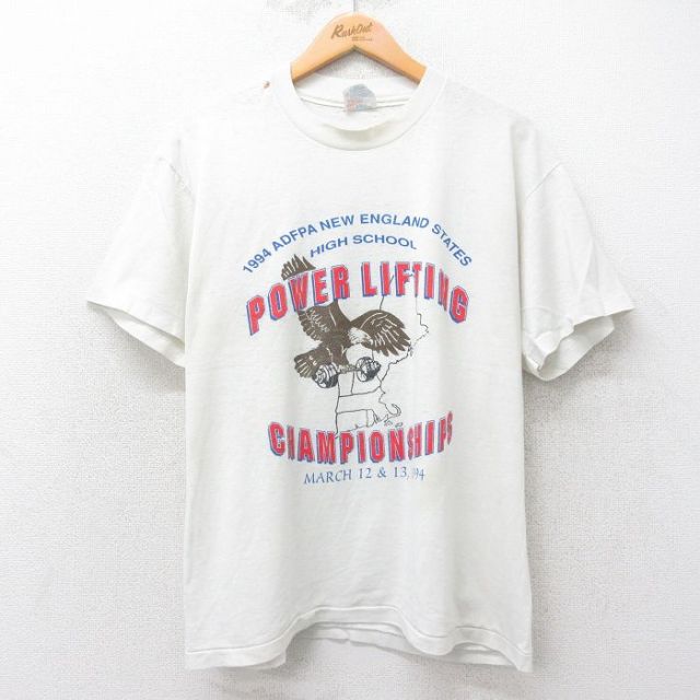 L★古着 ヘインズ Hanes 半袖 ビンテージ Tシャツ メンズ 90年代 90s パワーリフティング 鳥 クルーネック USA製 白 ホワイト 25jul25 中古