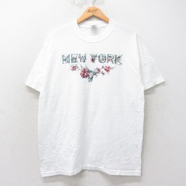 L★古着 ジャージーズ 半袖 ビンテージ Tシャツ メンズ 00年代 00s ニューヨーク 花 鳥 ラメ コットン クルーネック 白 ホワイト 25jul25 中古