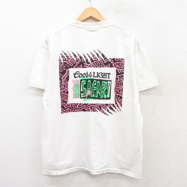 【50%OFF】XL★古着 半袖 ビンテージ Tシャツ メンズ 90年代 90s クアーズライト ビール SAFARI コットン クルーネック USA製 白 ホワイト 25jul26 中古