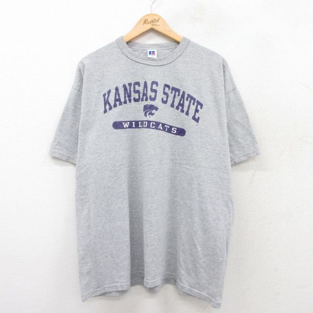 XL★古着 ラッセル 半袖 ビンテージ Tシャツ メンズ 00年代 00s KANSAS 大きいサイズ クルーネック グレー 25jul26 中古