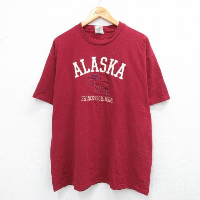 00s 半袖Tシャツ アラスカシカ刺繍 バーガンディ XL | 古着