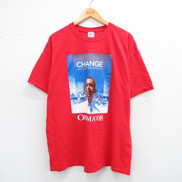 XL★古着 半袖 ビンテージ Tシャツ メンズ 00年代 00s バラクオバマ 大きいサイズ コットン クルーネック 赤 レッド 【spe】 25jul26 中古