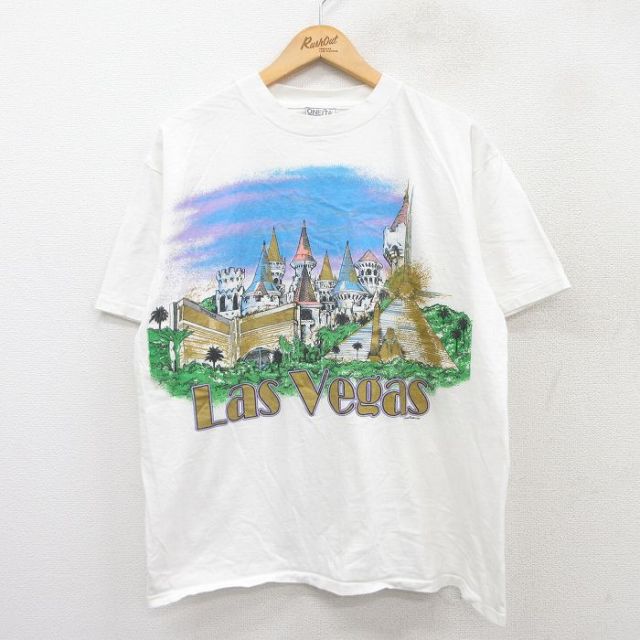 【50%OFF】L★古着 オニータ ONEITA 半袖 ビンテージ Tシャツ メンズ 90年代 90s ラスベガス コットン クルーネック 白 ホワイト 25jul26 中古