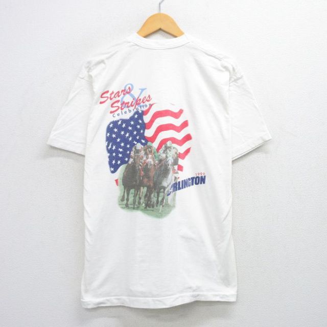 XL★古着 フルーツオブザルーム 半袖 ビンテージ Tシャツ メンズ 90年代 90s 競馬 星条旗 コットン クルーネック USA製 白 ホワイト 25jul28 中古