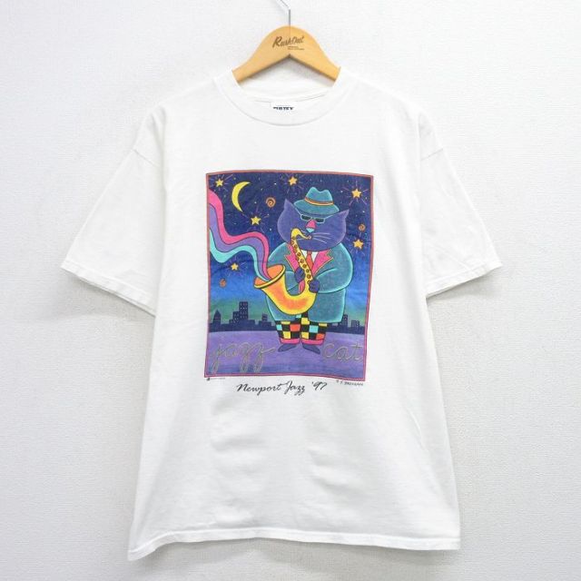 XL★古着 TULTEX 半袖 ビンテージ Tシャツ メンズ 90年代 90s jazz cat コットン クルーネック 白 ホワイト 【spe】 25jul28 中古