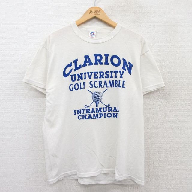 L★古着 ラッセル 半袖 ビンテージ Tシャツ メンズ 00年代 00s CLARION ゴルフ クルーネック 白 ホワイト 25jul28 中古