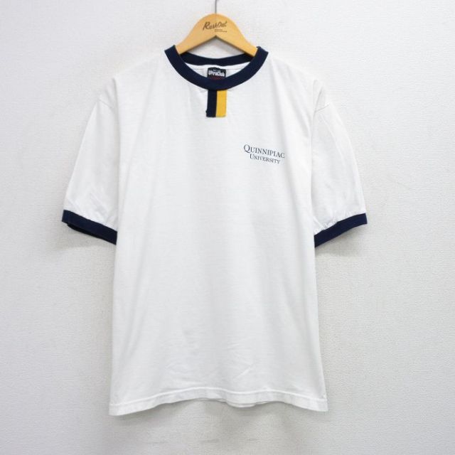 XL★古着 半袖 ビンテージ Tシャツ メンズ 90年代 90s QUINNIPIAC チョコチン 大きいサイズ コットン クルーネック USA製 白他 ホワイト リンガー 25jul28 中古