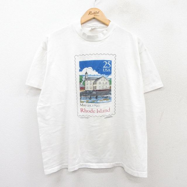 XL★古着 半袖 ビンテージ Tシャツ メンズ 80年代 80s Rhode Island 切手 クルーネック USA製 白 ホワイト 25jul28 中古
