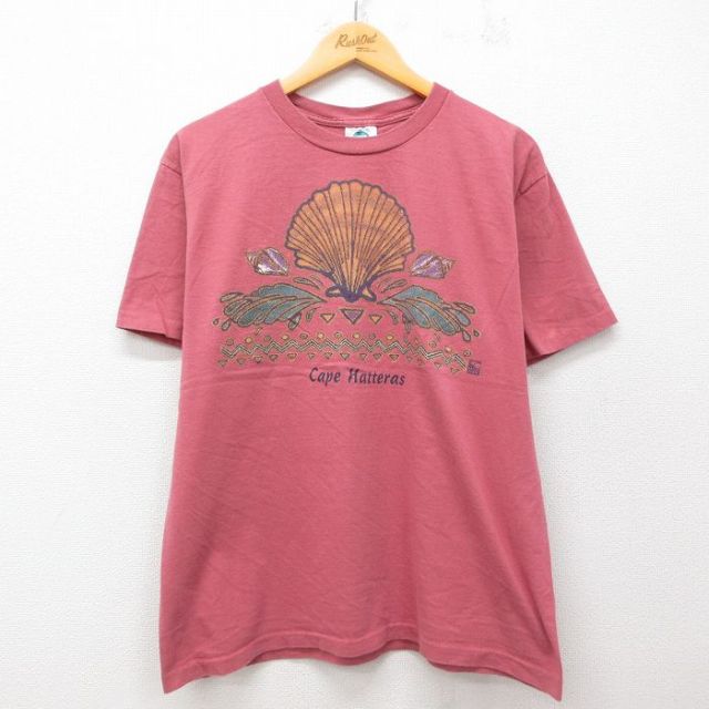 L★古着 半袖 ビンテージ Tシャツ メンズ 90年代 90s 貝殻 コットン クルーネック USA製 ピンク系 25jul29 中古