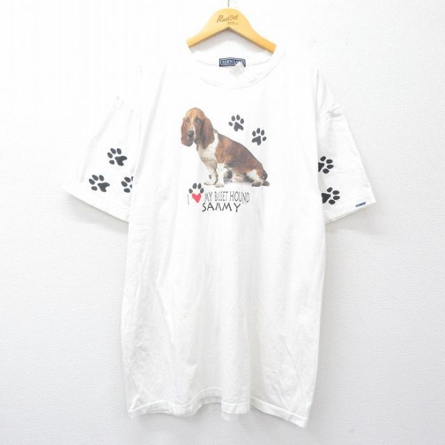 【20%OFF】XL★古着 半袖 ビンテージ Tシャツ メンズ 90年代 90s 犬 肉球 大きいサイズ ロング丈 コットン クルーネック USA製 白 ホワイト 【spe】 25jul29 中古